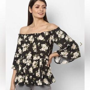 American Eagle AE Bell Sleeve Ruffle Off Shoulder Floral Blouse Top L Boho